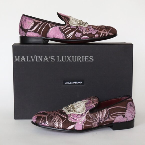 DOLCE & GABBANA SHOES LOAFERS BROCADE CRYSTAL CROWN FLATS sz 39.5 9.5 - Picture 2 of 10